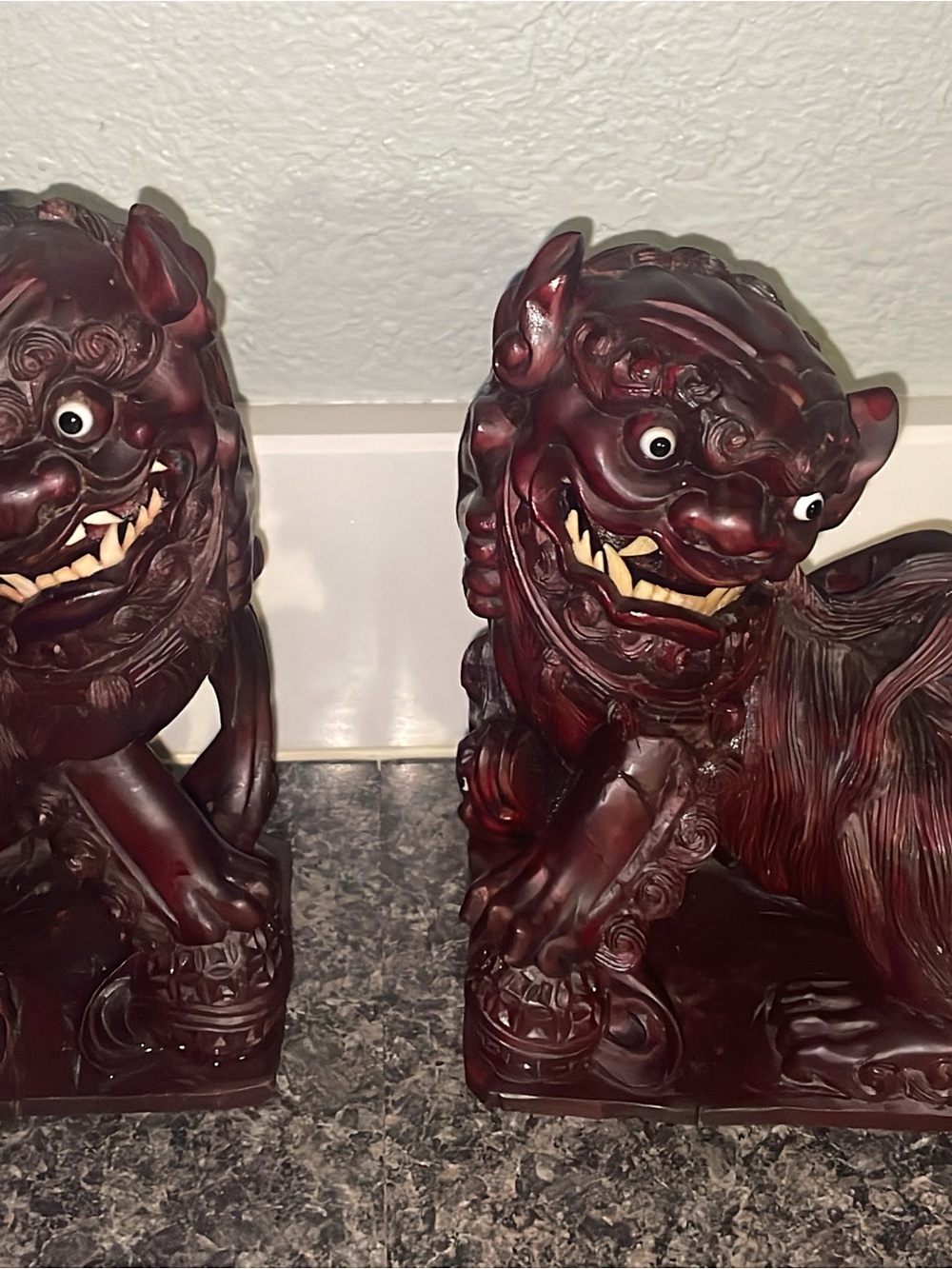 Hand-Carved Dark Red Foo Dog Statues - Home Accents